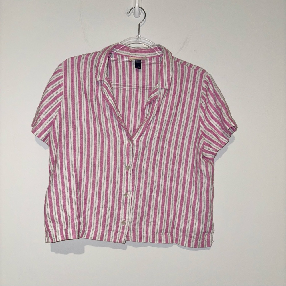 Universal Thread Blouse‎ Crop Boxy Button Shirt Stripe Linen pink medium - Picture 2 of 5